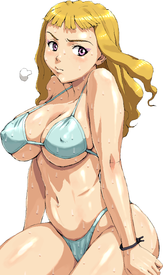 nigou, suzushiro haruka, my-hime, 00s, 1girl, bikini, blonde hair, blush, breasts, covered erect nipples, eyeshadow, female focus, huge breasts, long hair, makeup, navel, purple eyes, solo, sweat, swimsuit, underboob