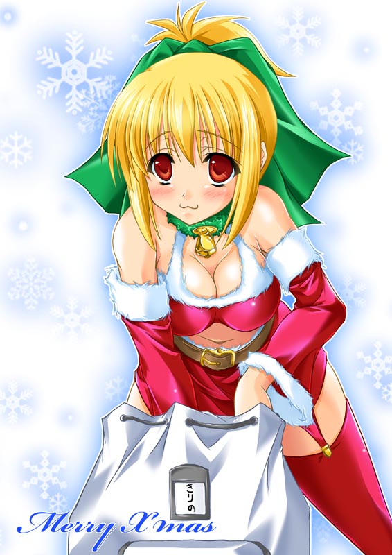 maho (yakimorokoshi), mashuu (masyu), chiba kirino, bamboo blade, 00s, 1girl, :3, blonde hair, breasts, christmas, cleavage, female focus, long hair, medium breasts, miniskirt, red eyes, santa costume, skirt, solo, thighhighs, zettai ryouiki