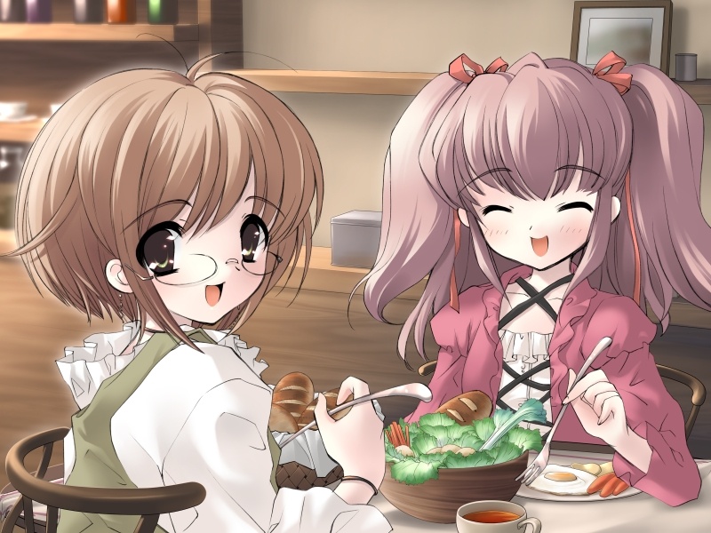 ito noizi, kouenji ayana, tachibana koharu (komorebi), komorebi ni yureru tamashii no koe, game cg, 2girls, eating, glasses, multiple girls, ribbon