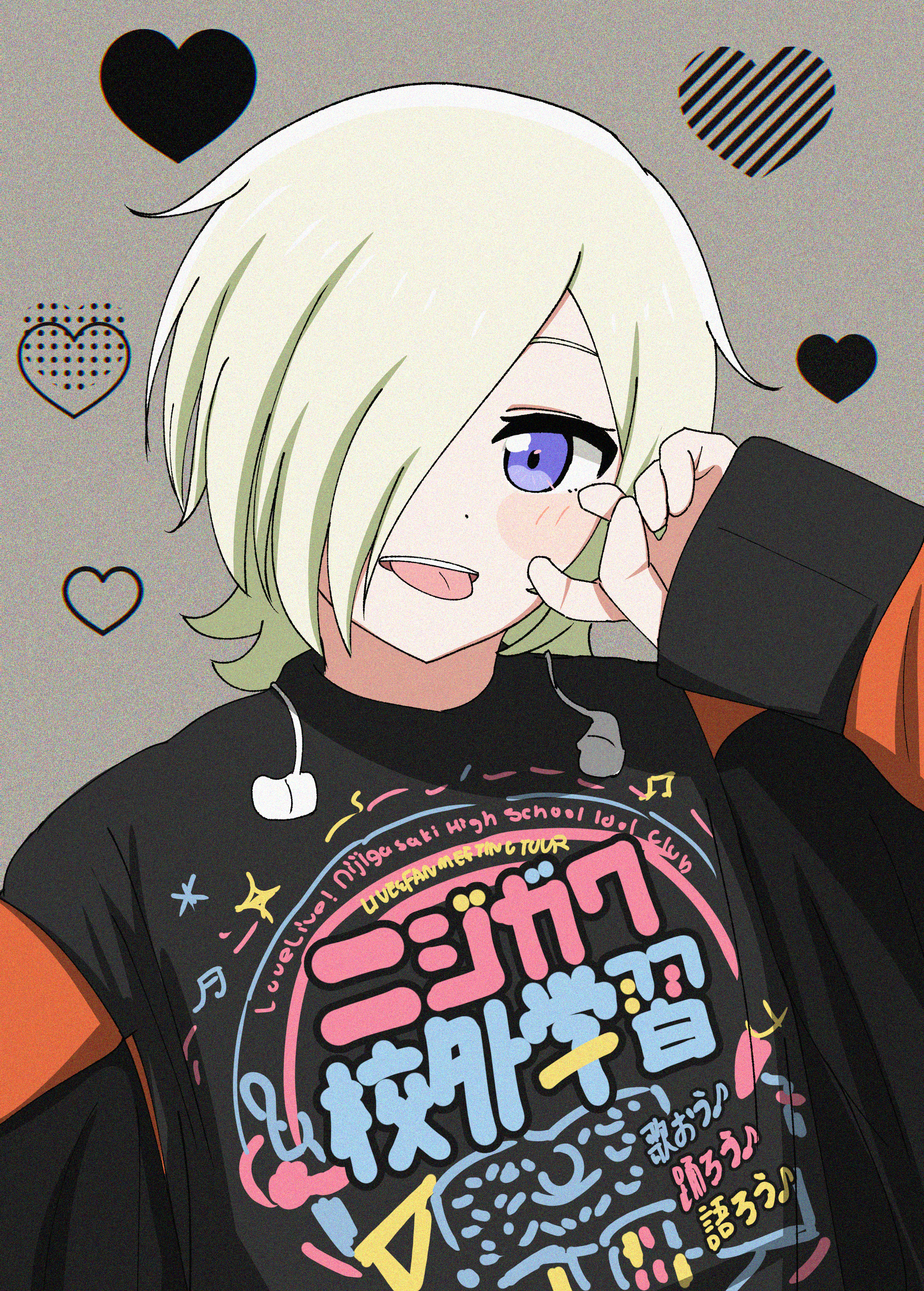 hiiragi (67snkt), mia taylor, love live!, love live! nijigasaki high school idol club, absurdres, highres, 1girl, blonde hair, hair over one eye, heart, looking at viewer, one eye covered, oversized clothes, purple eyes, short hair, smile, tongue, tongue out, upper body