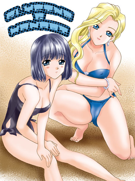 glycine bleumer, kitaooji hanabi, sakura taisen, sakura taisen iii, sega, 00s, barefoot, bikini, black hair, blonde hair, blue eyes, blush, earrings, feet, grey eyes, jewelry, long hair, short hair, swimsuit