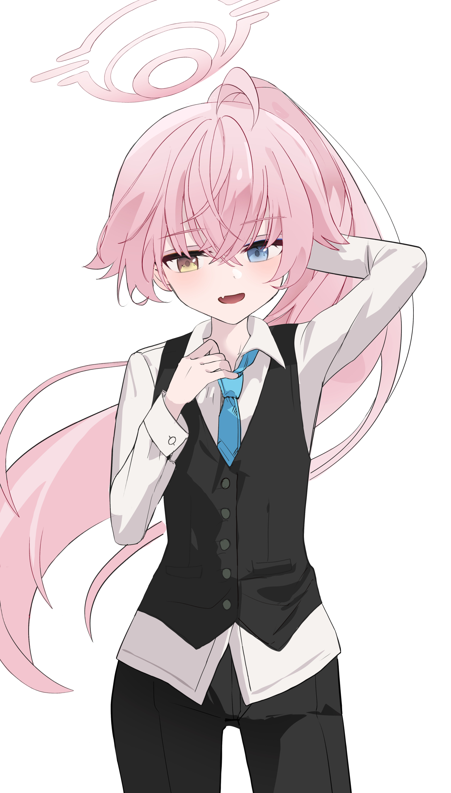 nyangpan, hoshino (blue archive), blue archive, absurdres, commentary request, highres, korean commentary, 1girl, :d, ahoge, alternate costume, arm behind head, arm up, black pants, black vest, blue eyes, blue necktie, cowboy shot, crossed bangs, fang, hair between eyes, halo, heterochromia, light blush, long hair, long sleeves, necktie, open mouth, pants, pink hair, pink halo, ponytail, shirt, simple background, smile, solo, untucked shirt, very long hair, vest, white background, white shirt, wing collar, yellow eyes