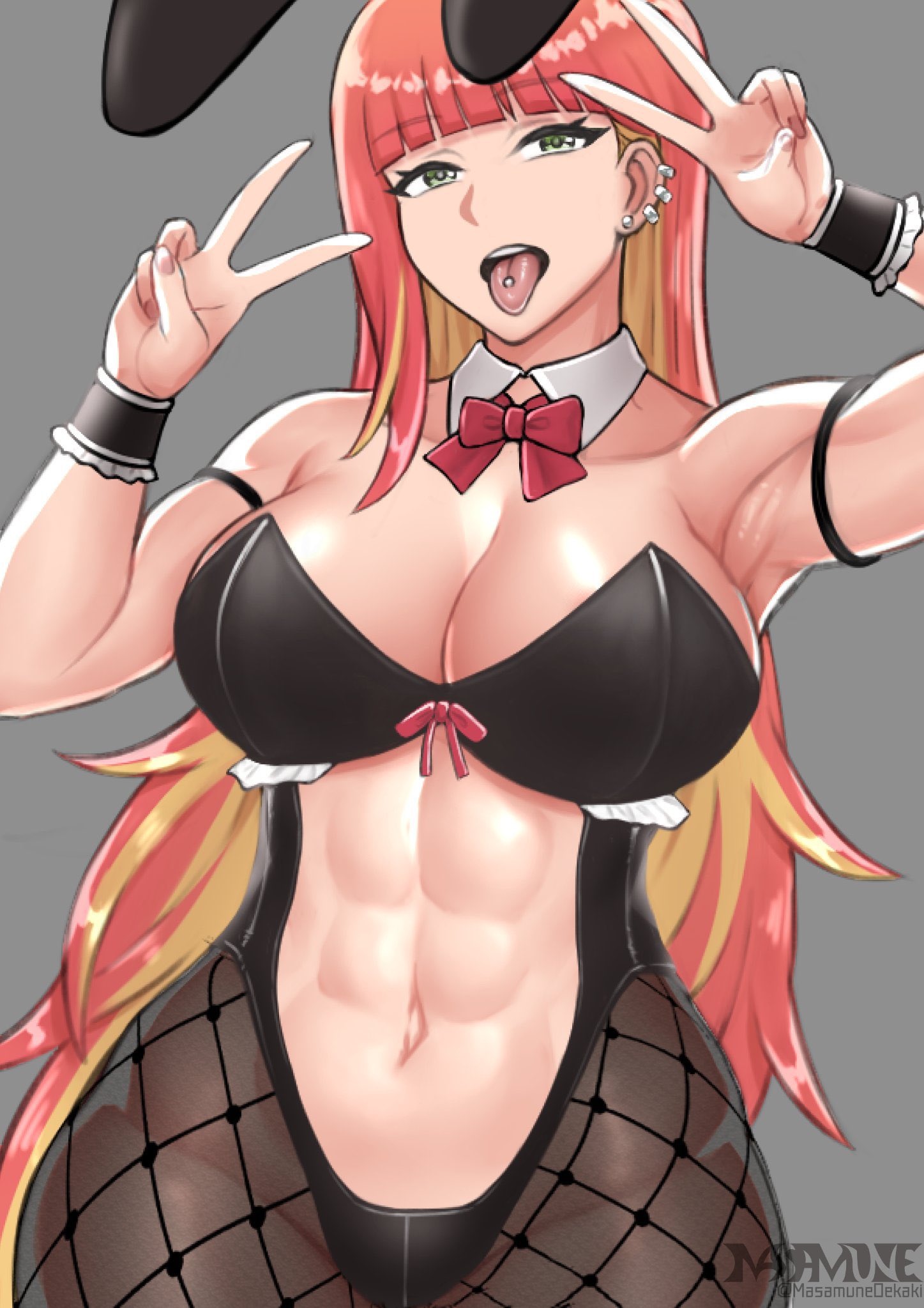 masamune oekaki, original, hashtag-only commentary, highres, 1girl, abs, abs cutout, armpits, bare shoulders, black leotard, black pantyhose, black wrist cuffs, blunt bangs, bow, bowtie, breasts, bunny day, cleavage, collar, colored inner hair, cowboy shot, detached collar, double v, ear piercing, fishnet pantyhose, fishnets, green eyes, grey background, hands up, large breasts, leotard, long hair, looking at viewer, multicolored hair, muscular, muscular female, navel, open mouth, pantyhose, piercing, playboy bunny, red bow, red bowtie, red hair, simple background, solo, stomach, strapless, strapless leotard, tongue, tongue out, tongue piercing, v, white collar, wrist cuffs