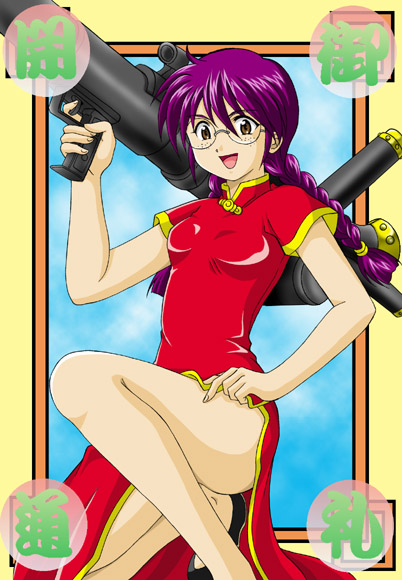 hanzou, ri kouran, sakura taisen, 00s, braid, brown eyes, china dress, chinese clothes, dress, freckles, glasses, legs, m1 bazooka, purple eyes, purple hair, rocket launcher, thighs, twin braids, weapon