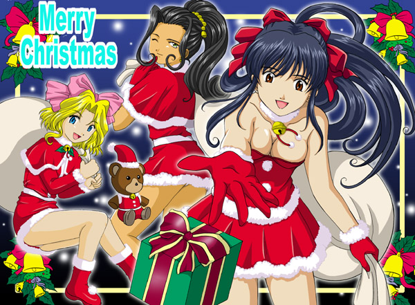 hanzou, iris chateaubriand, jean paul, shinguuji sakura, soletta orihime, sakura taisen, sakura taisen ii, sega, 00s, 3girls, alternate hairstyle, bag, bare arms, bare legs, bare shoulders, bell, black hair, blonde hair, blue eyes, bow, breasts, brown eyes, capelet, christmas, cleavage, closed mouth, dark-skinned female, dark skin, dress, gift, gloves, green eyes, hair bow, happy, long hair, looking at viewer, looking back, medium breasts, merry christmas, miniskirt, multiple girls, one eye closed, open mouth, parted bangs, pink bow, ponytail, red bow, red dress, red gloves, ribbon, sack, santa costume, santa dress, short hair, skirt, smile, strapless, strapless dress, wink