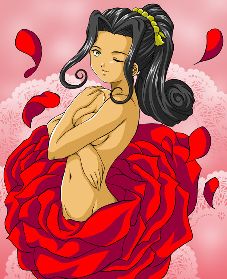 hanzou, soletta orihime, sakura taisen, sakura taisen ii, 00s, 1girl, black hair, dark-skinned female, dark skin, female focus, flower, green eyes, nude, rose, solo, wink
