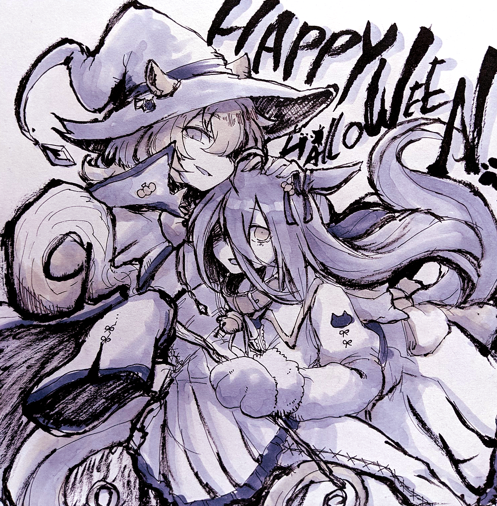 kagosumi, agnes tachyon (umamusume), manhattan cafe (umamusume), umamusume, 2girls, animal ears, animal hands, black hair, black ribbon, bow, brown hair, coat, dress, ear ribbon, ears through headwear, hair between eyes, halloween, hat, horse ears, horse girl, horse tail, long hair, long hair between eyes, long sleeves, looking at viewer, medium hair, multiple girls, open mouth, parted lips, pleated skirt, red eyes, ribbon, skirt, sleeves past fingers, sleeves past wrists, smile, tail, very long hair, witch hat, yellow eyes