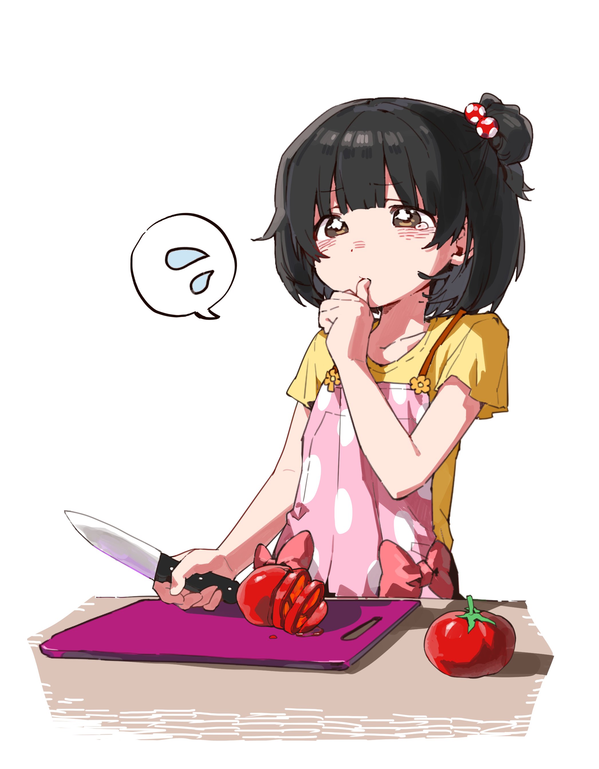 74iiii namu, nakatani iku, idolmaster, idolmaster million live!, absurdres, hashtag-only commentary, highres, 1girl, apron, black hair, blush, bow, brown eyes, chopping, collarbone, cowboy shot, cutting board, hair bobbles, hair ornament, hand up, holding, holding knife, kitchen knife, knife, medium hair, one side up, pink apron, red bow, shirt, short sleeves, simple background, solo, speech bubble, table, tears, thumb to mouth, tomato, tomato slice, white background, yellow shirt