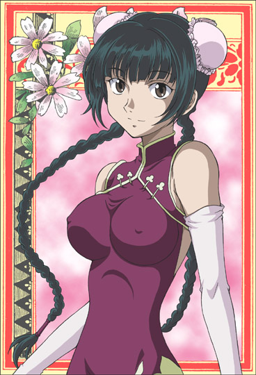 hanzou, wang liu mei, gundam, gundam 00, 00s, 1girl, black hair, braid, breasts, brown eyes, bun cover, china dress, chinese clothes, covered erect nipples, double bun, dress, elbow gloves, female focus, gloves, hair bun, large breasts, long hair, solo, twin braids