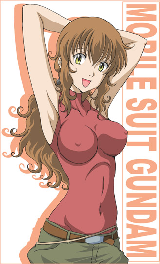 hanzou, christina sierra, gundam, gundam 00, 00s, 1girl, armpits, arms behind head, breasts, brown hair, covered erect nipples, covered navel, female focus, large breasts, long hair, open mouth, smile, solo, yellow eyes
