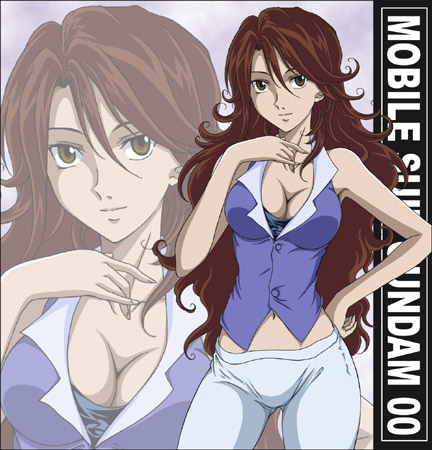 hanzou, sumeragi lee noriega, gundam, gundam 00, lowres, 00s, 1girl, bra, breasts, brown eyes, brown hair, cleavage, female focus, lingerie, long hair, medium breasts, midriff, navel, solo, underwear, zoom layer