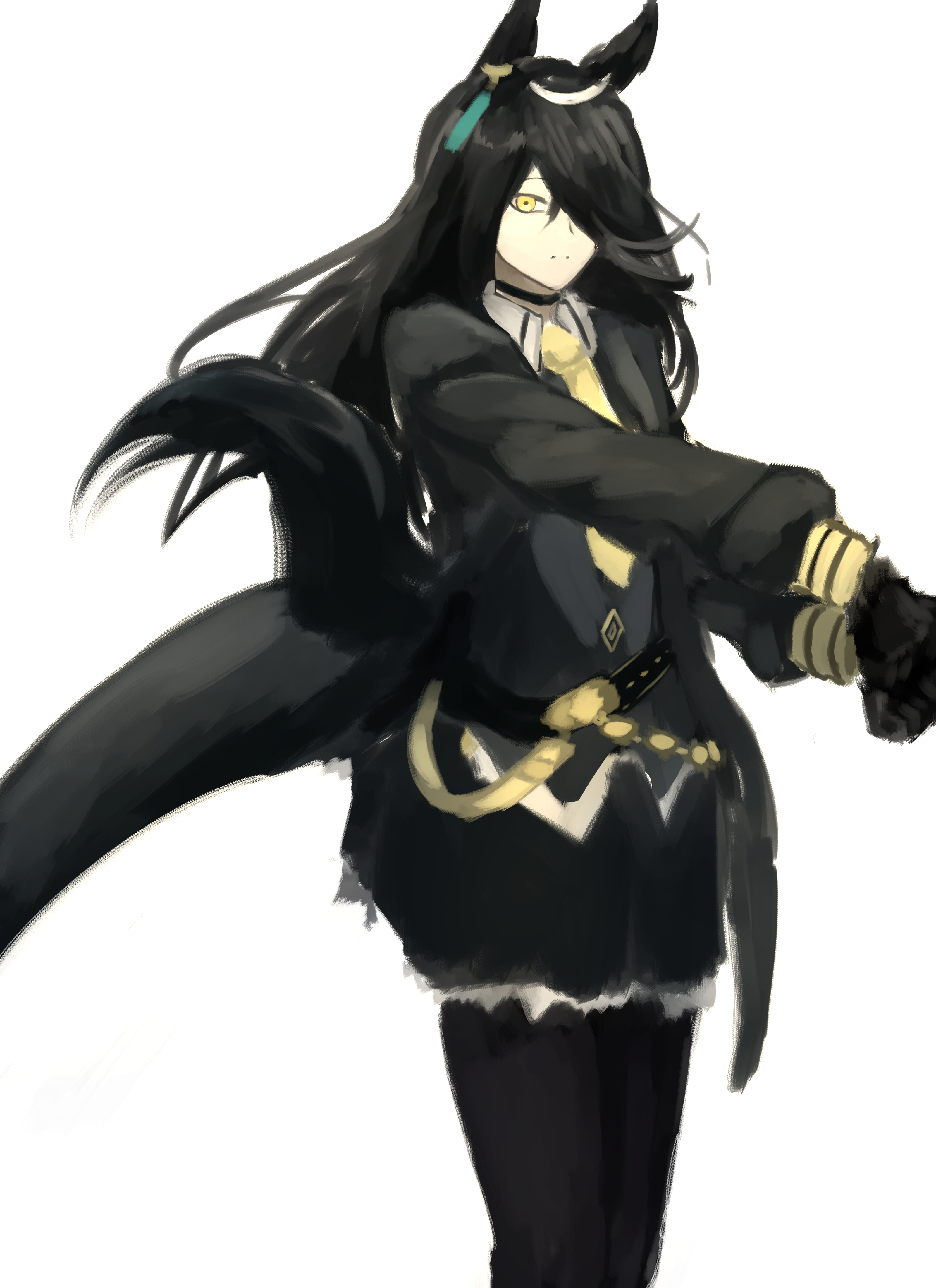 fujigaya seizo, manhattan cafe (umamusume), umamusume, absurdres, highres, 1girl, animal ears, belt, black belt, black choker, black gloves, black shirt, black skirt, choker, closed mouth, collared shirt, ear ornament, ear tag, earrings, expressionless, gloves, hair over one eye, hem peeking out, horse ears, horse girl, horse tail, jewelry, long sleeves, looking at viewer, multicolored hair, pleated skirt, shirt, single earring, skirt, solo, tail, white hair, white shirt, yellow eyes