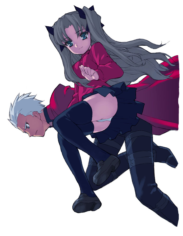 atomic buster, menkuria, archer (fate), tohsaka rin, fate/stay night, fate (series), 00s, 1boy, 1girl, ass, bent over, black thighhighs, blue eyes, coat, dark-skinned male, dark skin, grey hair, hair ribbon, loafers, long hair, open mouth, panties, pantyshot, pleated skirt, ribbon, shoes, short hair, simple background, skirt, smile, sweater, thighhighs, trench coat, turtleneck, twintails, two side up, underwear, upskirt, very long hair, white hair, white panties