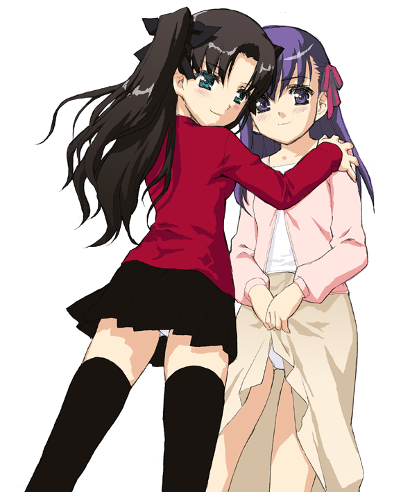 atomic buster, menkuria, matou sakura, tohsaka rin, fate/stay night, fate (series), 00s, 2girls, aqua eyes, black hair, black thighhighs, blush, clothes lift, flat chest, from behind, hair ribbon, hug, long hair, multiple girls, panties, pantyshot, pleated skirt, purple eyes, purple hair, ribbon, siblings, simple background, sisters, skirt, skirt lift, smile, standing, sweater, thighhighs, thighs, turtleneck, twintails, two side up, underwear, wavy hair, white panties, yuri