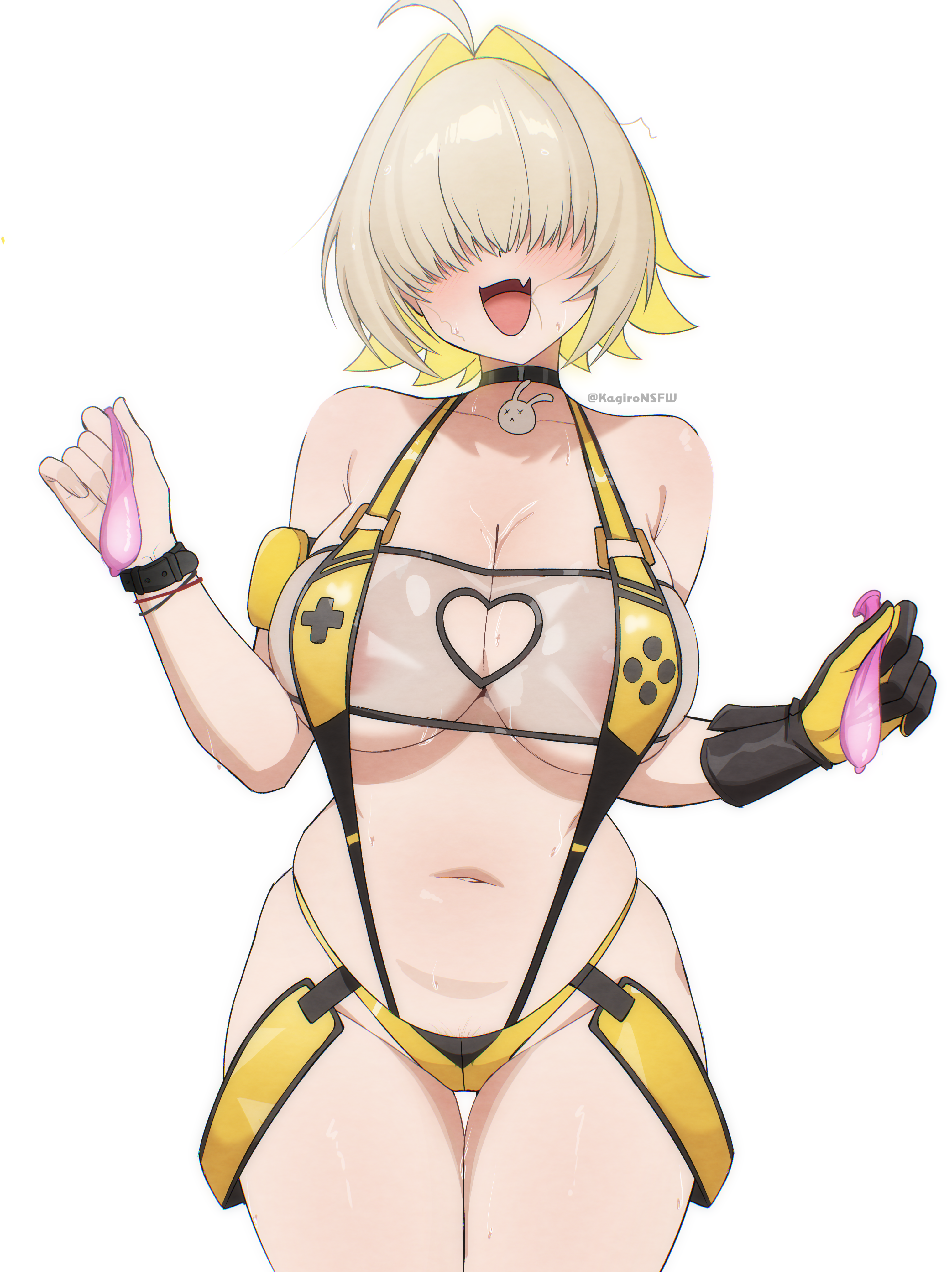 kagironsfw, elegg (boom and shock) (nikke), elegg (nikke), goddess of victory: nikke, absurdres, commentary, commission, highres, 1girl, :d, ahoge, areola slip, artist name, black choker, blonde hair, breasts, choker, clothing cutout, condom, fang, hair over eyes, heart cutout, holding, holding condom, huge breasts, large breasts, loose hair strand, multicolored hair, navel, one-piece swimsuit, open mouth, short hair, simple background, skin fang, smile, solo, stray pubic hair, sweat, swimsuit, thigh gap, thighs, twitter username, two-tone hair, used condom, white background, wide hips