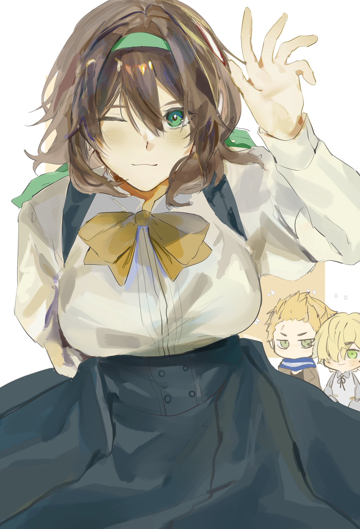 belgium (hetalia), luxembourg (hetalia), netherlands (hetalia), axis powers hetalia, highres, 1girl, 2boys, :3, blonde hair, bow, brown hair, chibi, dress, green eyes, hair between eyes, hair over one eye, hair ribbon, hairband, hand up, multiple boys, one eye closed, ribbon, scarf, short hair, spiked hair, vest, waving