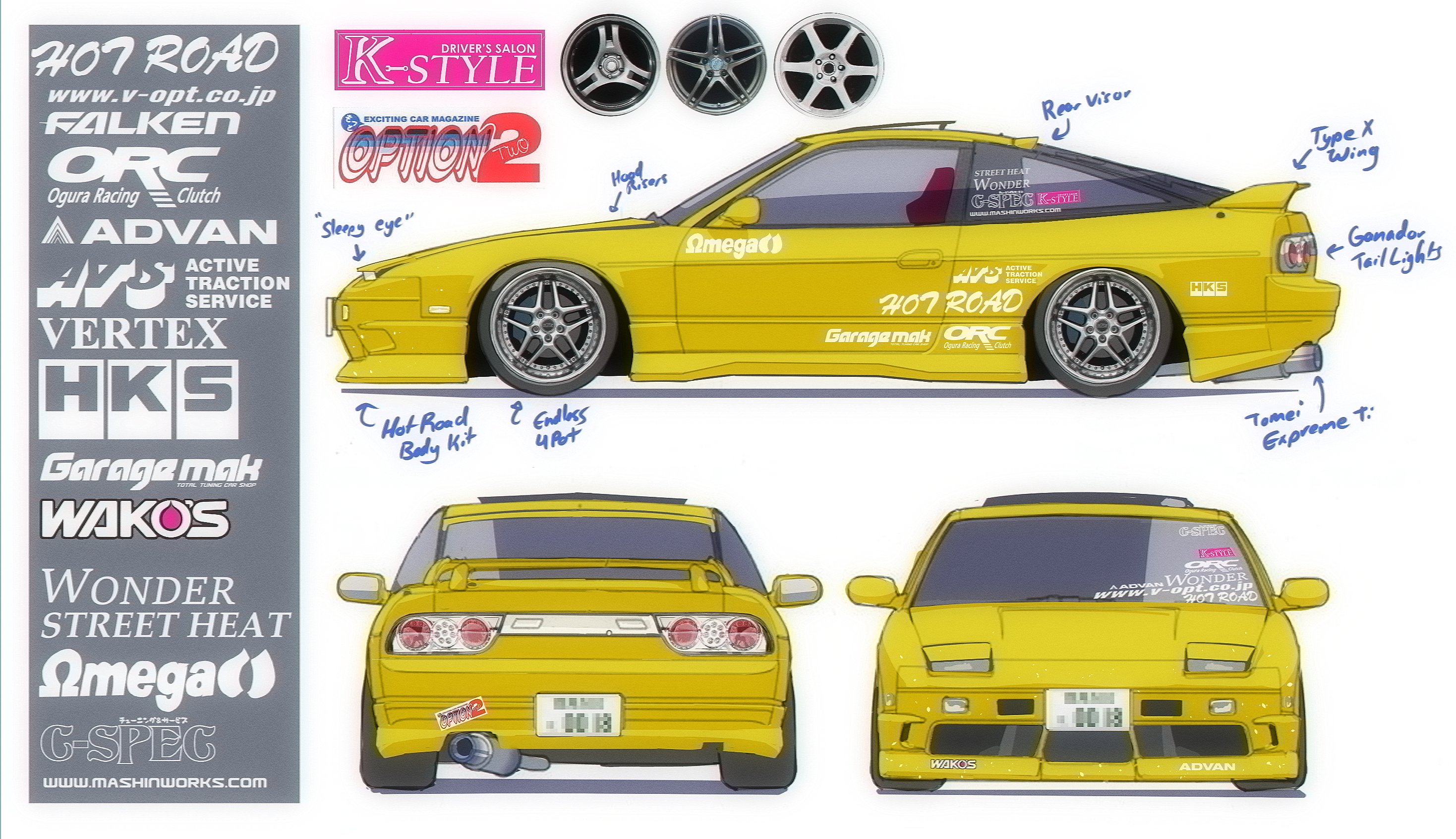 vee (427deer), nissan, original, highres, advan, car, english text, falken tire, hks, license plate, motor vehicle, multiple views, nissan 180sx, no humans, pop-up headlights, reference sheet, spoiler (automobile), sports car, vehicle focus, watermark, web address, white background, yellow car