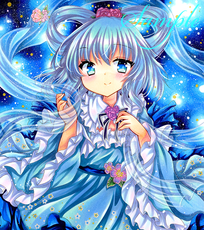 rui (sugar3), kaku seiga, touhou, marker (medium), traditional media, 1girl, blue dress, blue eyes, blue hair, closed mouth, dress, flower, hagoromo, hair flower, hair ornament, hair rings, long hair, long sleeves, looking at viewer, neck ribbon, ribbon, sample watermark, shawl, smile, solo, upper body, watermark, wide sleeves
