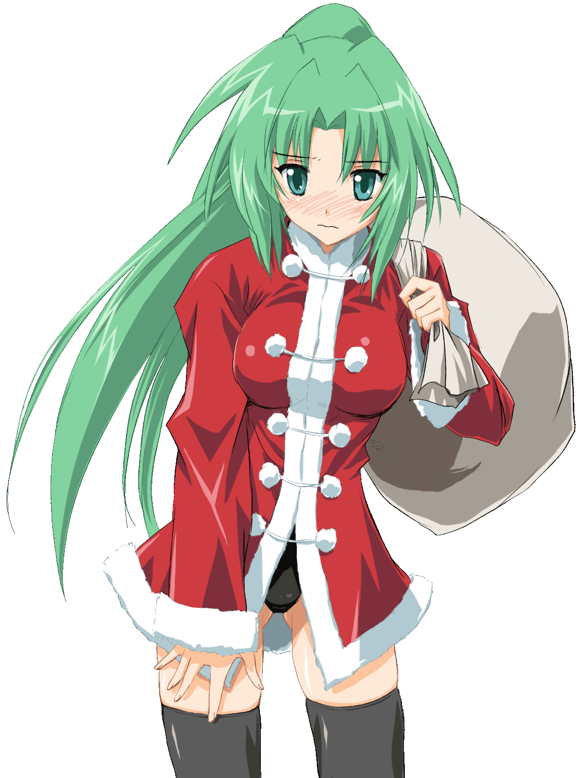 pin.x, sonozaki mion, higurashi no naku koro ni, highres, 00s, 1girl, blush, christmas, female focus, green hair, ponytail, santa costume, solo, thighhighs, transparent background