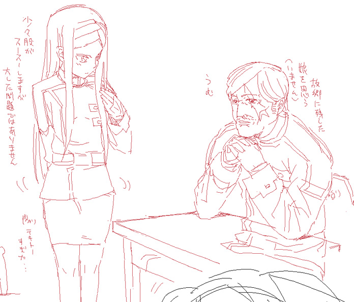 kurosho, sergei smirnov, soma peries, gundam, gundam 00, translation request, 00s, 1boy, 1girl, desk, gloves, long hair, military, military uniform, miniskirt, monochrome, pencil skirt, red theme, scar, scar across eye, scar on face, sketch, skirt