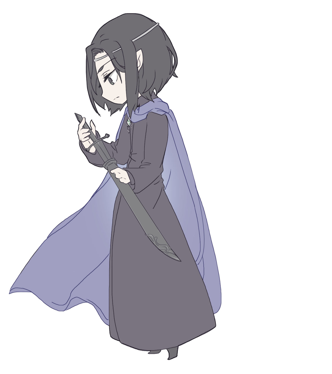 pixiv id 43894224, maeglin, the silmarillion, tolkien's legendarium, 1boy, black eyes, black hair, cape, elf, floating cape, full body, holding, holding sword, holding weapon, male focus, medium hair, pointy ears, simple background, solo, sword, weapon, white background