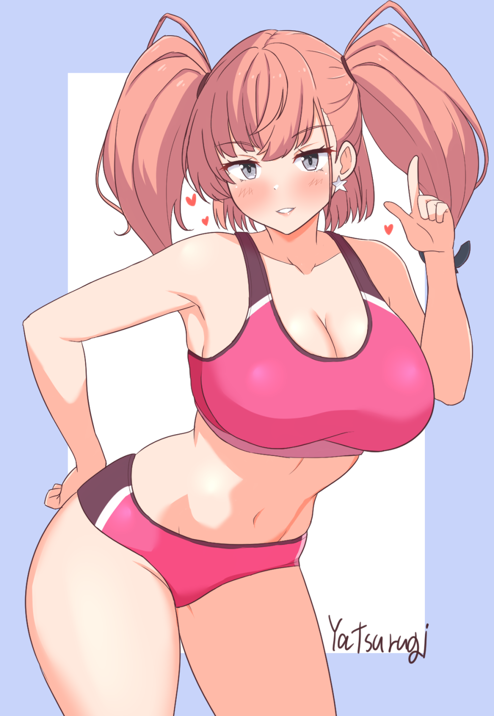yatsurugi, atlanta (kancolle), kantai collection, commentary request, highres, 1girl, alternate costume, anchor hair ornament, artist name, blue border, blush, border, breasts, brown hair, buruma, cleavage, cowboy shot, earrings, grey eyes, hair ornament, hand on own hip, index finger raised, jewelry, large breasts, long hair, looking at viewer, navel, pink buruma, pink sports bra, smile, solo, sports bikini, sports bra, star (symbol), star earrings, two-tone background, two side up