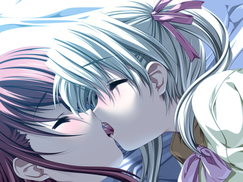senomoto hisashi, kisaragi shuuji, shinjou marina, yamada taeko (koisuru otome to shugo no tate), koisuru otome to shugo no tate, game cg, 1boy, 1girl, bed, blonde hair, blush, close-up, closed eyes, crossdressing, dutch angle, french kiss, from above, hair ribbon, hetero, kiss, long hair, lying, on side, open mouth, pink hair, red hair, ribbon, saliva, school uniform, serafuku, tongue, trap, twintails, white hair