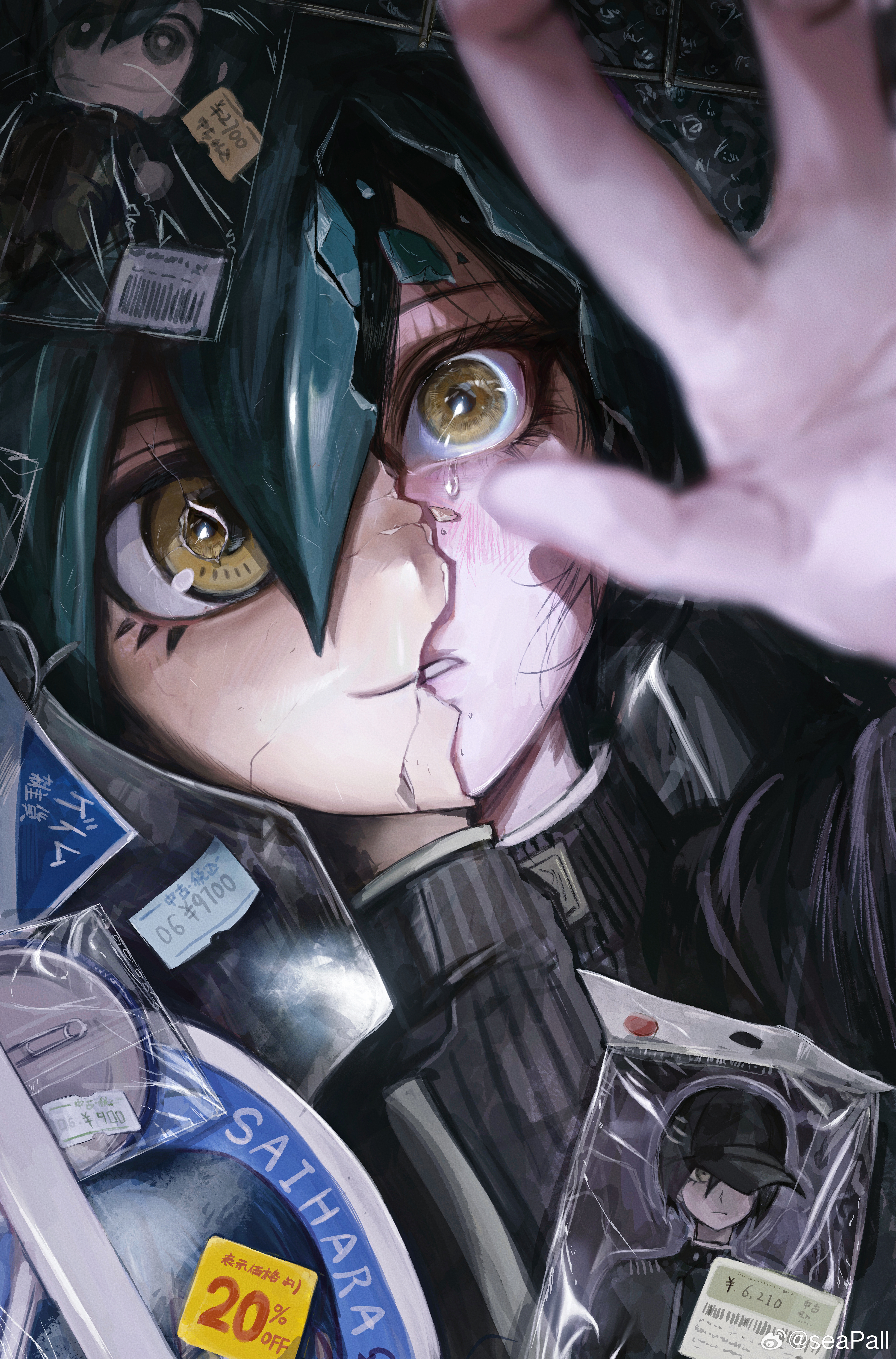 seapall, saihara shuichi, danganronpa (series), danganronpa v3: killing harmony, absurdres, commentary, highres, 1boy, aqua hair, badge, black hair, blush, button badge, character charm, charm (object), hair between eyes, male focus, parted lips, plastic wrap, price tag, solo, tears, watermark, weibo watermark, yellow eyes