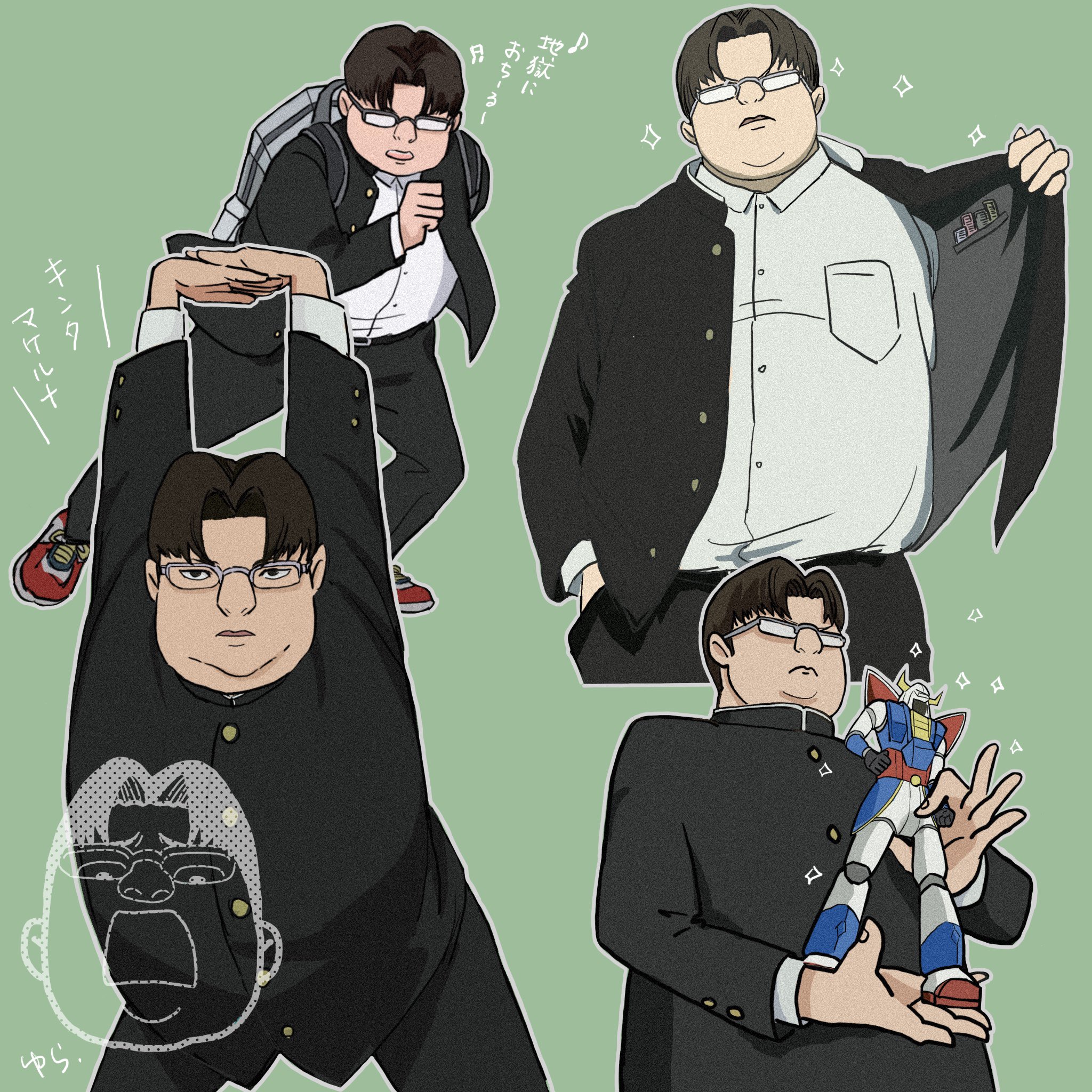 yura0210 1017, sakata kinta, dandadan, commentary request, highres, translation request, 1boy, action figure, arms up, backpack, bag, black hair, black jacket, black pants, collared shirt, cowboy shot, dancing, fat, figure, full body, gakuran, glasses, hand in pocket, holding, holding toy, jacket, kami high school uniform, long sleeves, looking at viewer, male focus, multiple views, open clothes, open jacket, pants, parted lips, school uniform, shirt, short hair, sparkle, toy, upper body, white shirt
