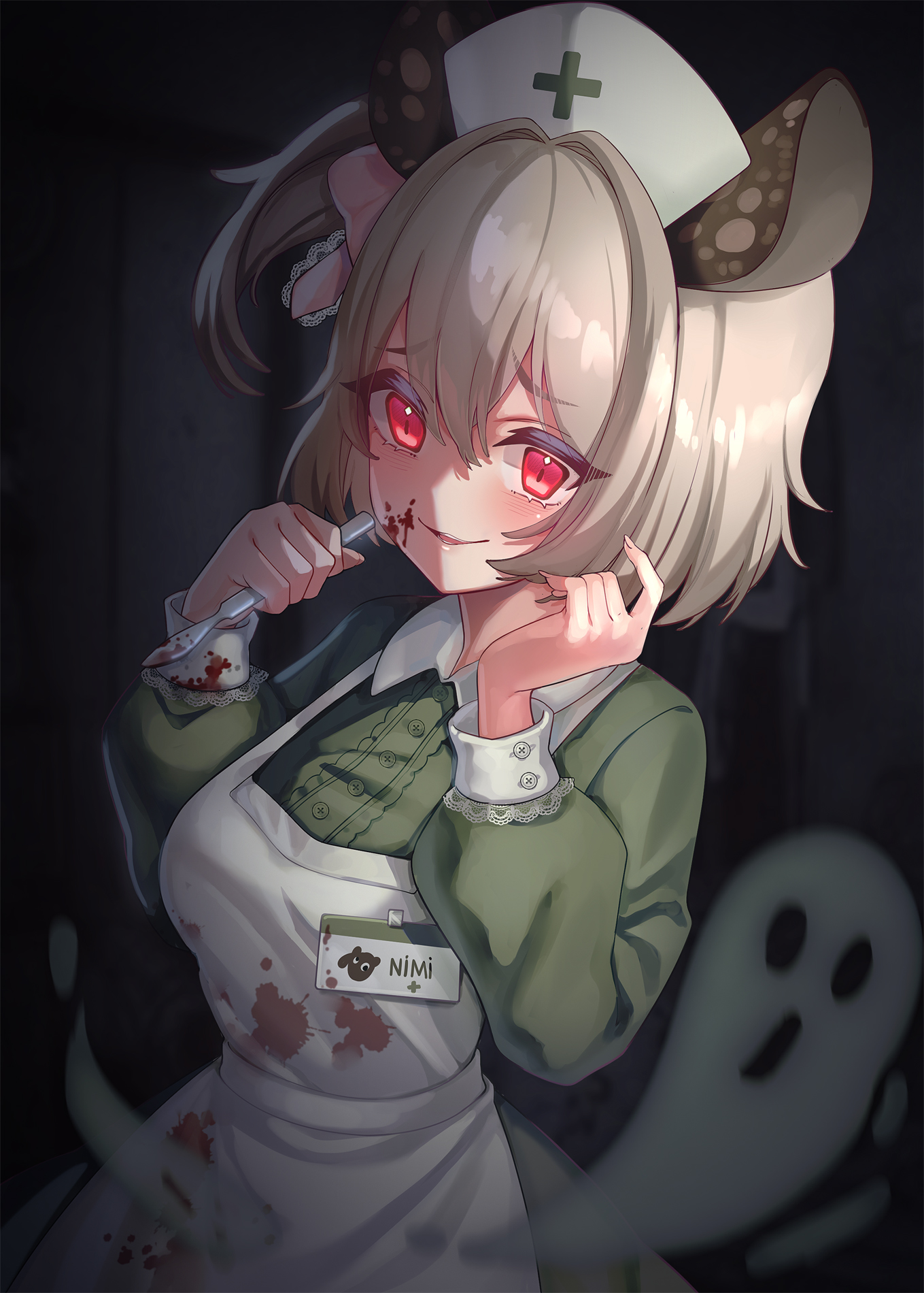 laggingdlc, nimi nightmare, indie virtual youtuber, commentary, english commentary, highres, 1girl, alternate eye color, animal ears, apron, blood, blood on clothes, blood on face, breasts, dark background, double-parted bangs, green shirt, grey hair, hair between eyes, hat, holding, holding scalpel, long sleeves, looking at viewer, medium breasts, nurse, nurse cap, parted lips, red eyes, scalpel, shirt, short hair, smile, solo, tapir ears, tapir girl, upper body, virtual youtuber, white apron, white hat