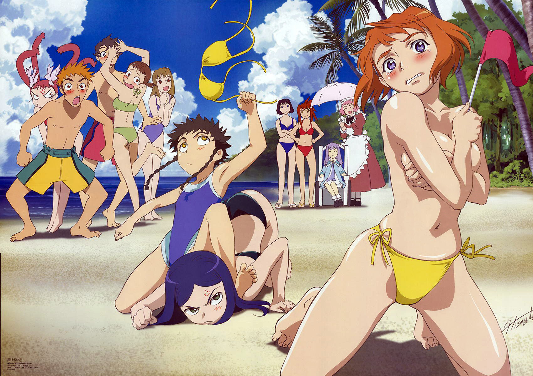 hisayuki hirokazu, fujino shizuru, higurashi akane, himeno fumi, kazahana mashiro, kikukawa yukino, kuga natsuki, kurauchi kazuya, minagi mikoto, munakata shiho, sagisawa youko, sugiura midori, suzushiro haruka, tate yuuichi, tokiha mai, megami magazine, my-hime, breast hold, highres, jpeg artifacts, non-web source, 00s, 2boys, 6+girls, :o, age difference, angry, back, barefoot, beach, bikini, black hair, blue hair, blush, braid, breasts, brown hair, chair, cloud, covering breasts, covering privates, crossed arms, day, embarrassed, everyone, feet, flag, flat chest, flip-flops, frown, full body, hands on own hips, humiliation, kneeling, large breasts, laughing, leaning forward, long hair, maid, multiple boys, multiple girls, navel, one-piece swimsuit, open mouth, orange hair, outdoors, palm tree, pink hair, poster (medium), quad tails, red hair, sandals, short hair, side-tie bikini bottom, signature, sitting, sitting on person, sky, smile, surprised, swimsuit, tiptoes, toes, top-down bottom-up, topless female, tree, twin braids, umbrella, water