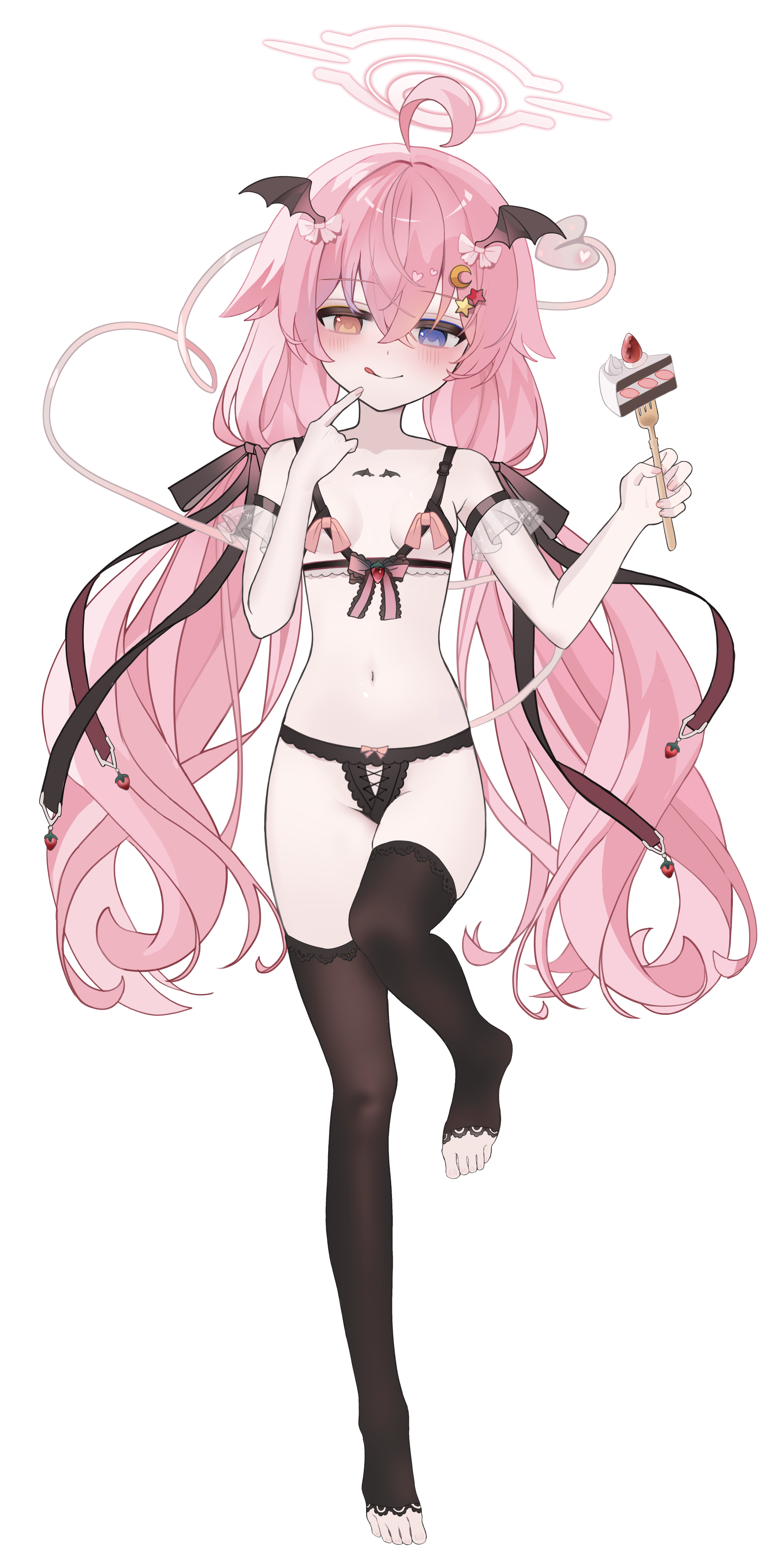 nyangpan, hoshino (blue archive), blue archive, absurdres, commentary request, highres, korean commentary, 1girl, :q, ahoge, alternate costume, bare arms, bare shoulders, black ribbon, black thighhighs, blue eyes, blush, breasts, cake, cake slice, collarbone, crescent, crescent hair ornament, demon tail, finger to mouth, food, fork, full body, hair between eyes, hair ornament, hair ribbon, halo, heterochromia, holding, holding fork, long hair, looking at viewer, low twintails, navel, orange eyes, pink hair, pink halo, ribbon, simple background, small breasts, smile, solo, star (symbol), star hair ornament, stomach, tail, thighhighs, toeless legwear, toes, tongue, tongue out, twintails, underwear, underwear only, very long hair, white background