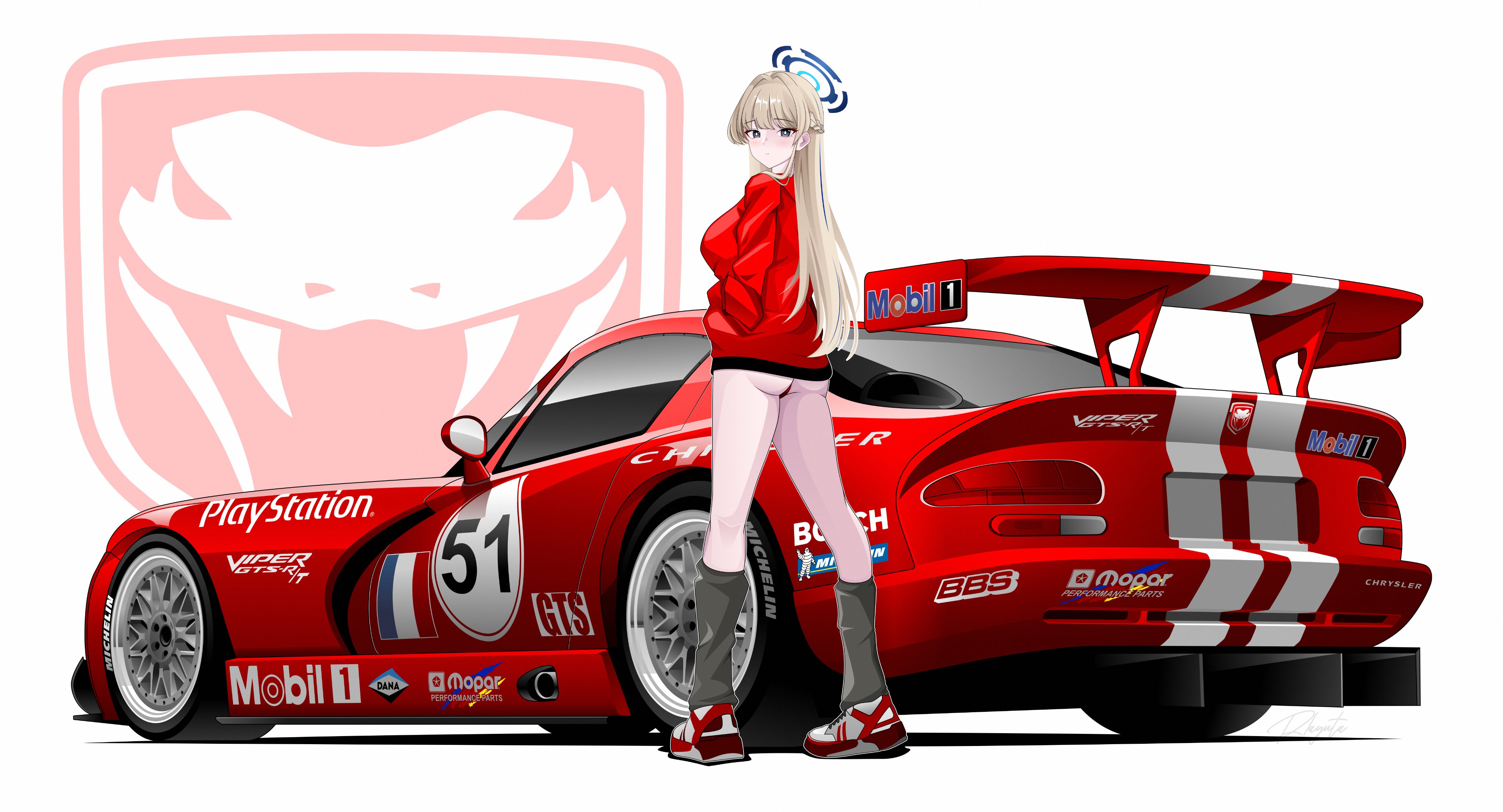 rlayuta, michelin man, toki (blue archive), blue archive, chrysler, dodge (company), michelin, mobil1, absurdres, highres, 1girl, 24 hours of le mans, ass, bbs (wheel), blonde hair, blue eyes, car, dodge viper, french flag, grey socks, halo, hands in pockets, jacket, long hair, looking at viewer, motor vehicle, race vehicle, racecar, red jacket, shadow, shoes, sneakers, socks, solo, spoiler (automobile), sponsor, sports car, standing, vehicle focus, very long hair, white background, white shoes