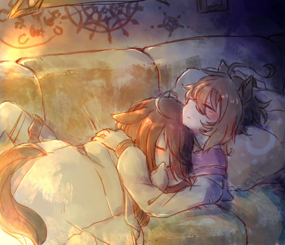 kagosumi, agnes tachyon (umamusume), manhattan cafe (umamusume), umamusume, commentary request, 2girls, ahoge, animal ears, black hair, blush, brown hair, closed eyes, coat, couch, cuddling, ears down, hair over one eye, hand on another's back, head on another's chest, head on pillow, horse ears, horse girl, horse tail, indoors, lab coat, long hair, long sleeves, lying, medium hair, multicolored hair, multiple girls, on back, on couch, on stomach, parted lips, pillow, purple sailor collar, purple skirt, sailor collar, school uniform, skirt, sleeping, tail, tracen school uniform, unworn coat, white coat, white hair