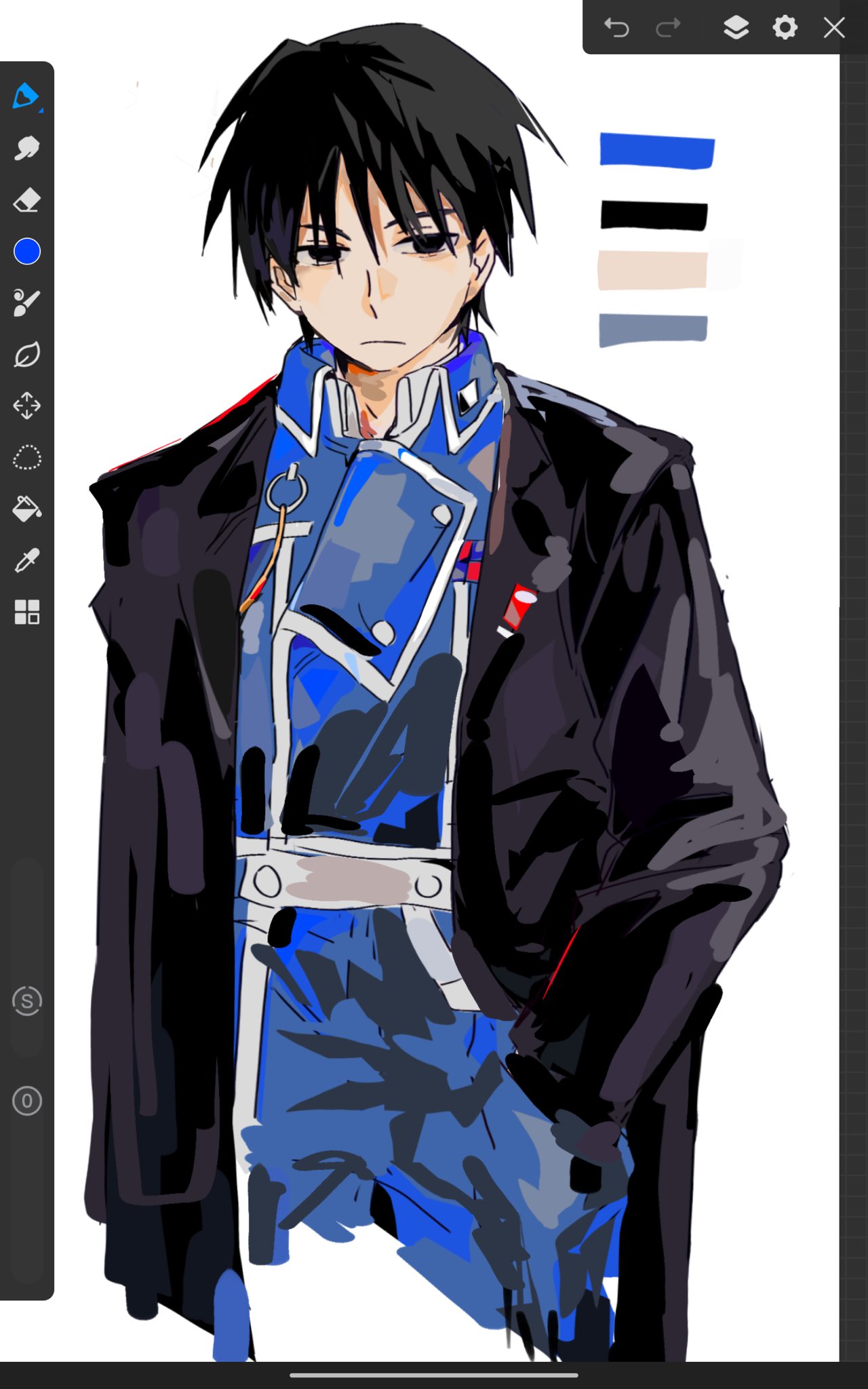 roy mustang, fullmetal alchemist, commentary, english commentary, highres, 1boy, amestris military uniform, art program in frame, bailanlam, black eyes, black hair, black jacket, closed mouth, coat, color guide, hand in pocket, jacket, long sleeves, male focus, military, military uniform, short hair, simple background, upper body, white background