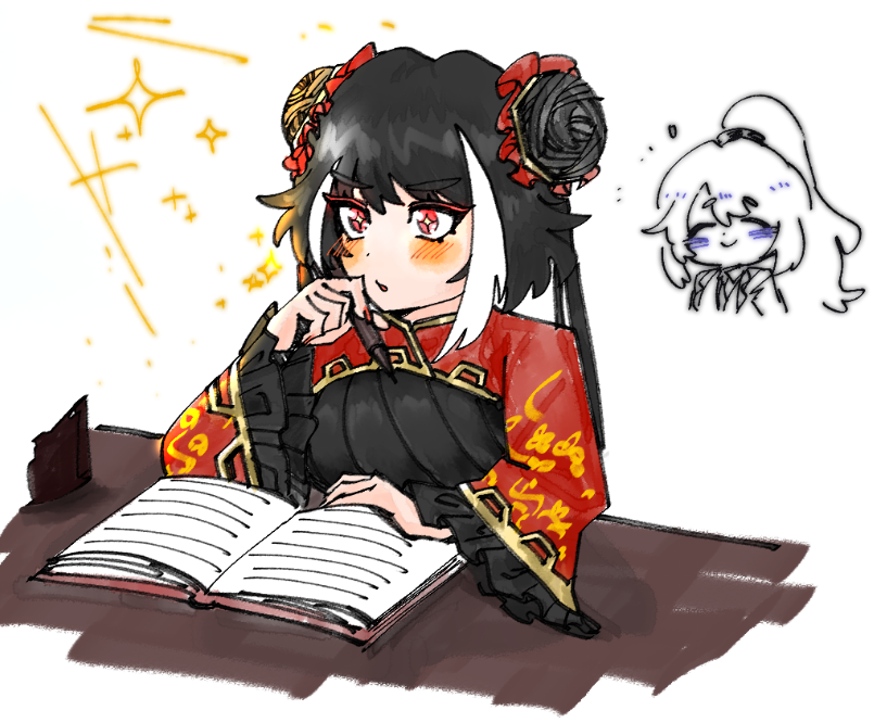 hong lu (project moon), jia xichun (project moon), limbus company, project moon, + +, 1boy, 1girl, black dress, black hair, blush, book, breasts, chinese clothes, closed eyes, double bun, dress, hair bun, holding, holding pen, long hair, long sleeves, looking at viewer, multicolored hair, open book, pen, pink eyes, ponytail, red shrug, simple background, smile, solo focus, streaked hair, twintails, udiedguy, upper body, white background