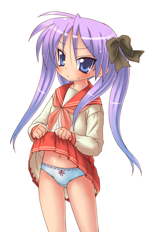 hiiragi kagami, lucky star, artist request, 00s, 1girl, black bow, blue panties, blush, bow, bow panties, clothes lift, female focus, hair bow, long hair, long sleeves, looking at viewer, navel, neckerchief, panties, pink neckerchief, purple eyes, purple hair, red bow, red skirt, school uniform, serafuku, shirt, skirt, skirt lift, solo, sweat, twintails, underwear, white background, white shirt