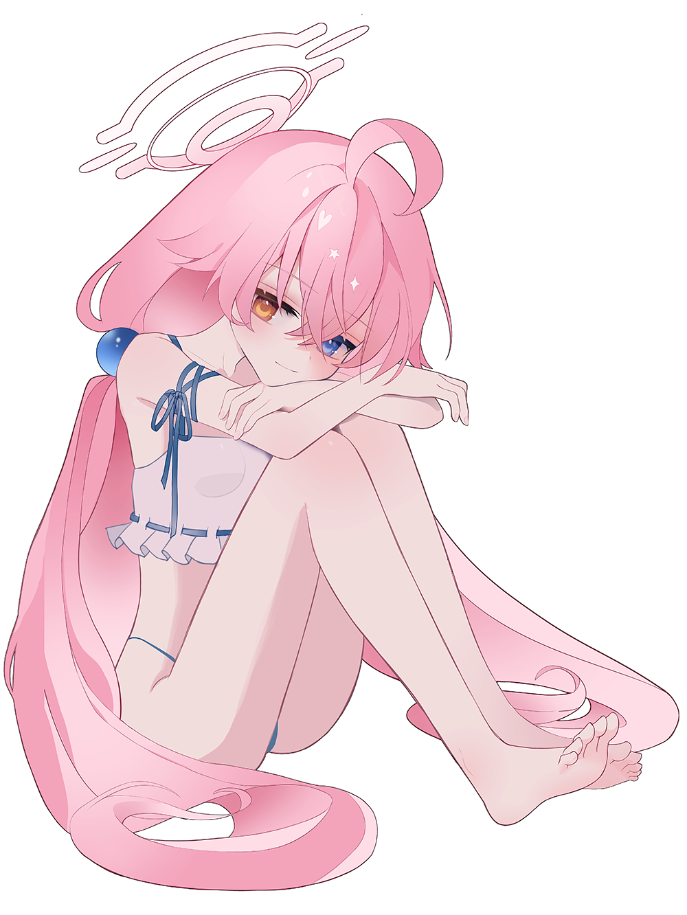 nyangpan, hoshino (blue archive), blue archive, commentary request, highres, korean commentary, 1girl, arm ribbon, bare arms, bare legs, bare shoulders, barefoot, beads, bikini, blue eyes, blue ribbon, breasts, feet, full body, hair beads, hair between eyes, hair ornament, halo, head rest, heterochromia, light smile, long hair, looking at viewer, low twintails, orange eyes, pink hair, pink halo, ribbon, ribbon-trimmed bikini, ribbon trim, simple background, sitting, small breasts, solo, swimsuit, toes, twintails, very long hair, white background