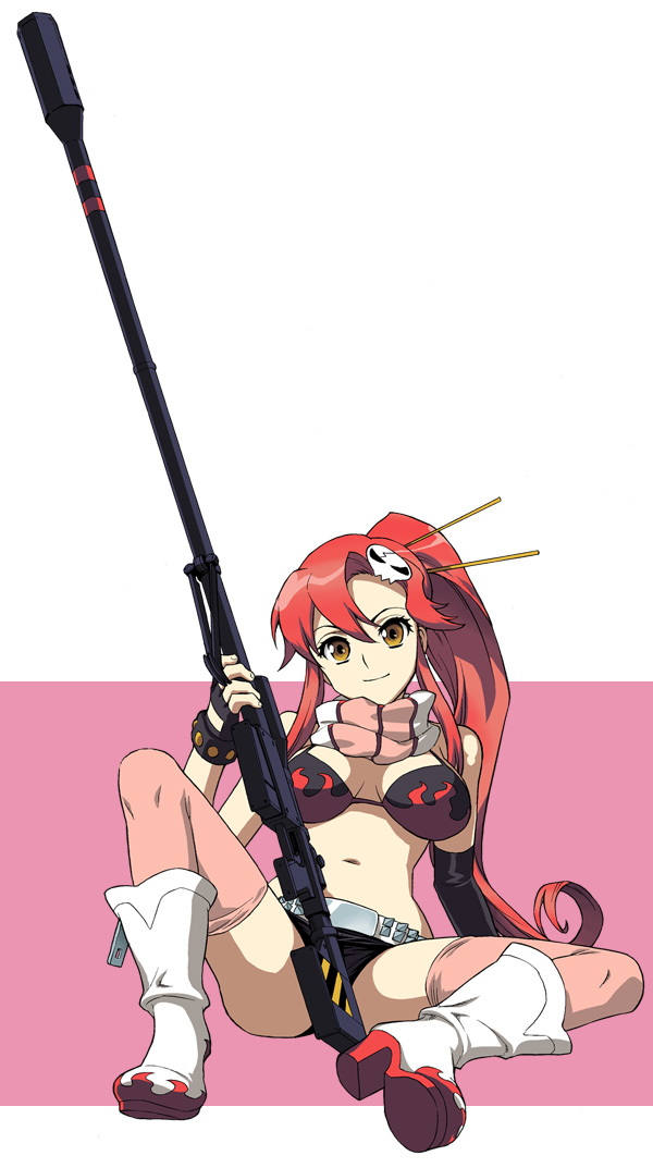 shiono etorouji, yoko littner, tengen toppa gurren lagann, 00s, 1girl, anti-materiel rifle, asymmetric gloves, asymmetrical gloves, belt, bikini, bikini top only, black gloves, black shorts, boots, breasts, closed mouth, female focus, flame print, full body, gloves, gun, hair ornament, hair stick, high heel boots, high heels, holding, holding gun, holding weapon, large breasts, long hair, looking at viewer, midriff, navel, pink thighhighs, ponytail, red hair, rifle, scarf, shorts, sitting, skull hair ornament, smile, sniper rifle, solo, spread legs, stomach, swimsuit, thighhighs, uneven gloves, weapon, white boots, yellow eyes, zipper