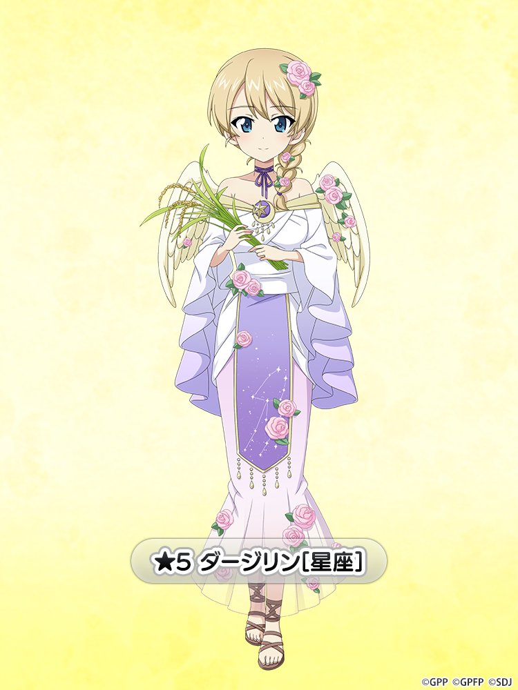 darjeeling (girls und panzer), girls und panzer, girls und panzer senshadou daisakusen!, official art, translated, 1girl, angel wings, bare shoulders, blonde hair, blue eyes, blush, braid, breasts, character name, choker, collarbone, crescent, dress, feathered wings, flower, full body, gladiator sandals, gradient background, gradient clothes, gradient dress, hair flower, hair ornament, holding grass, long dress, long sleeves, looking at viewer, medium hair, pink dress, pink flower, pink rose, purple dress, purple ribbon, ribbon, rose, sandals, single braid, smile, standing, virgo (constellation), virgo (zodiac), white dress, wide sleeves, wings, yellow background, zodiac