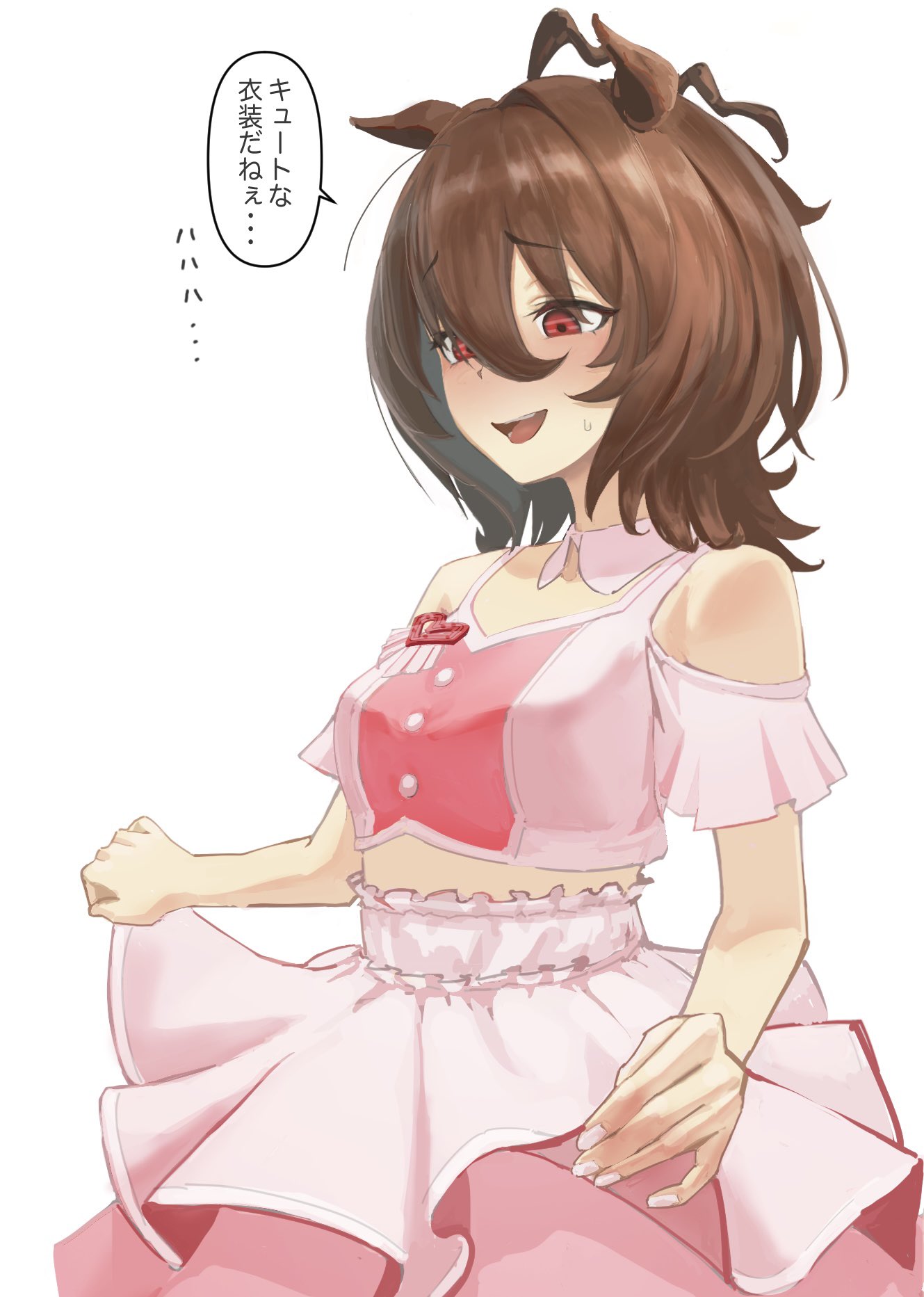 o ko ge2024, agnes tachyon (umamusume), umamusume, highres, translation request, 1girl, ahoge, animal ears, bare shoulders, blush, brown hair, clothing cutout, crop top, detached collar, embarrassed, furrowed brow, hair between eyes, horse ears, horse girl, layered skirt, medium hair, open mouth, pink shirt, pink skirt, red eyes, shirt, shoulder cutout, simple background, skirt, skirt hold, smile, solo, speech bubble, sweatdrop, white background