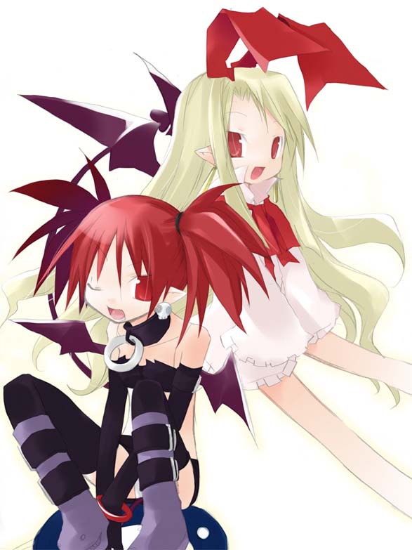 sazaki ichiri, etna (disgaea), flonne, flonne (fallen angel), prinny, disgaea, makai senki disgaea, nippon ichi, 00s, 2girls, blonde hair, demon girl, elbow gloves, gloves, hair ribbon, long hair, multiple girls, panties, pantyshot, red eyes, red hair, ribbon, tail, thighhighs, twintails, underwear, white panties, wings