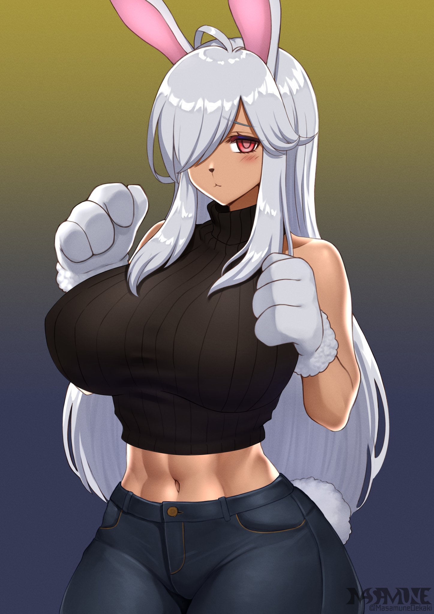 masamune oekaki, original, hashtag-only commentary, highres, 1girl, animal ears, animal nose, bare shoulders, black shirt, blue pants, blush, breasts, bunny day, closed mouth, cowboy shot, crop top, cropped shirt, curvy, denim, gloves, gradient background, hair over one eye, hands up, huge breasts, long hair, looking at viewer, midriff, navel, one eye covered, pants, parted bangs, rabbit ears, rabbit girl, red eyes, ribbed shirt, shirt, sleeveless, sleeveless shirt, solo, turtleneck, turtleneck shirt, white gloves, white hair, wide hips