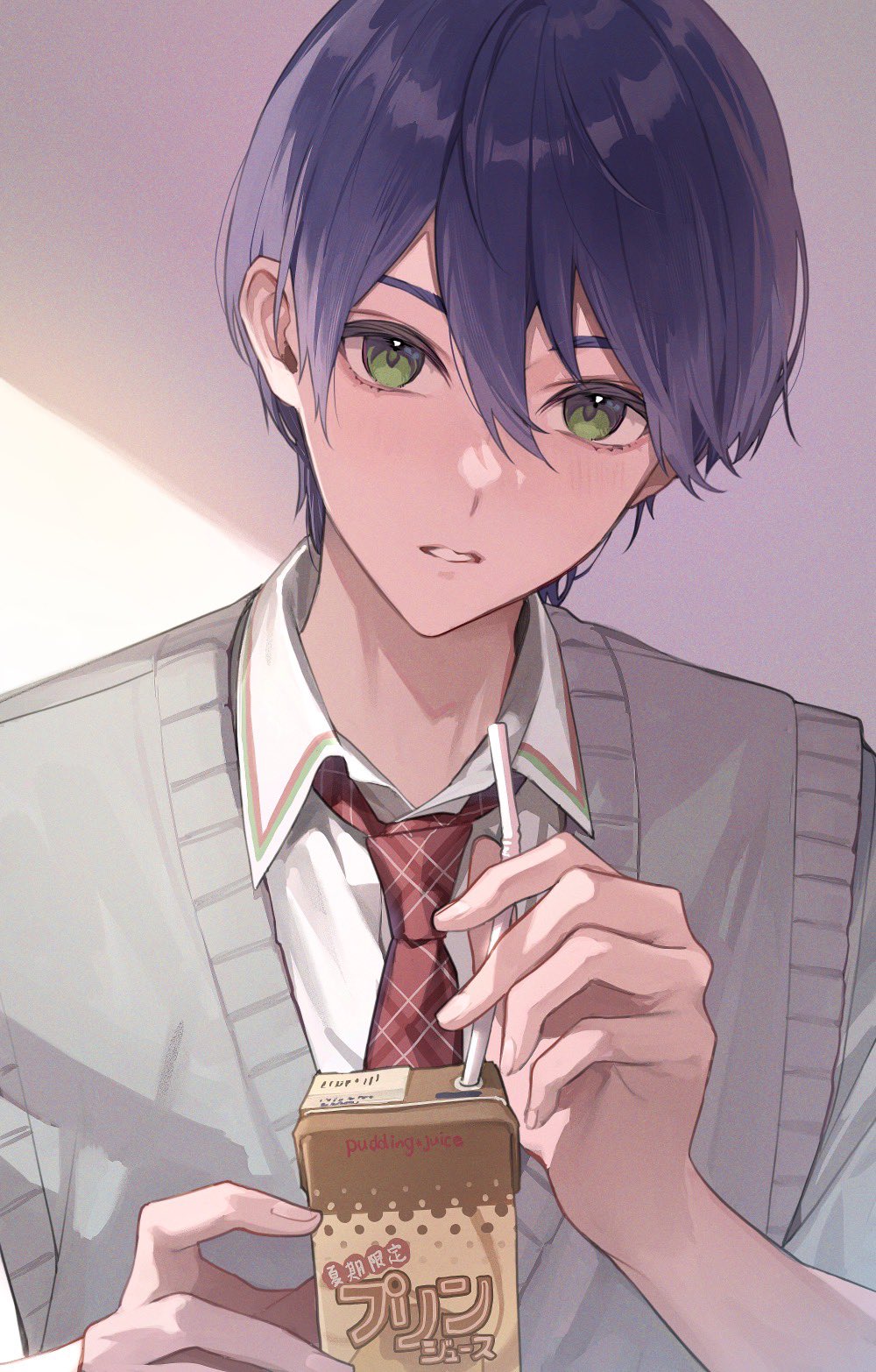 hitomyan, kenmochi touya, nijisanji, commentary request, highres, 1boy, blue hair, drinking straw, green eyes, grey sweater vest, hair between eyes, holding, holding drinking straw, juice carton, light blush, looking at viewer, male focus, necktie, parted lips, red necktie, shirt, short hair, sidelighting, solo, sweater vest, upper body, virtual youtuber, white shirt, wing collar
