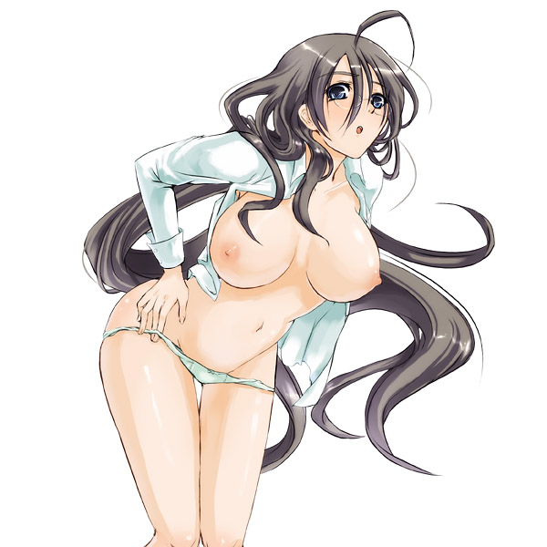 breasts, glasses, huge breasts, long hair, nipples, panties, panty pull, underwear, undressing