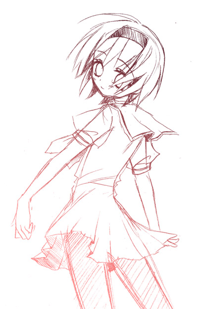 ico (pekoguest), houjou satoko, higurashi no naku koro ni, 00s, 1girl, female focus, monochrome, pantyhose, red theme, sketch, solo