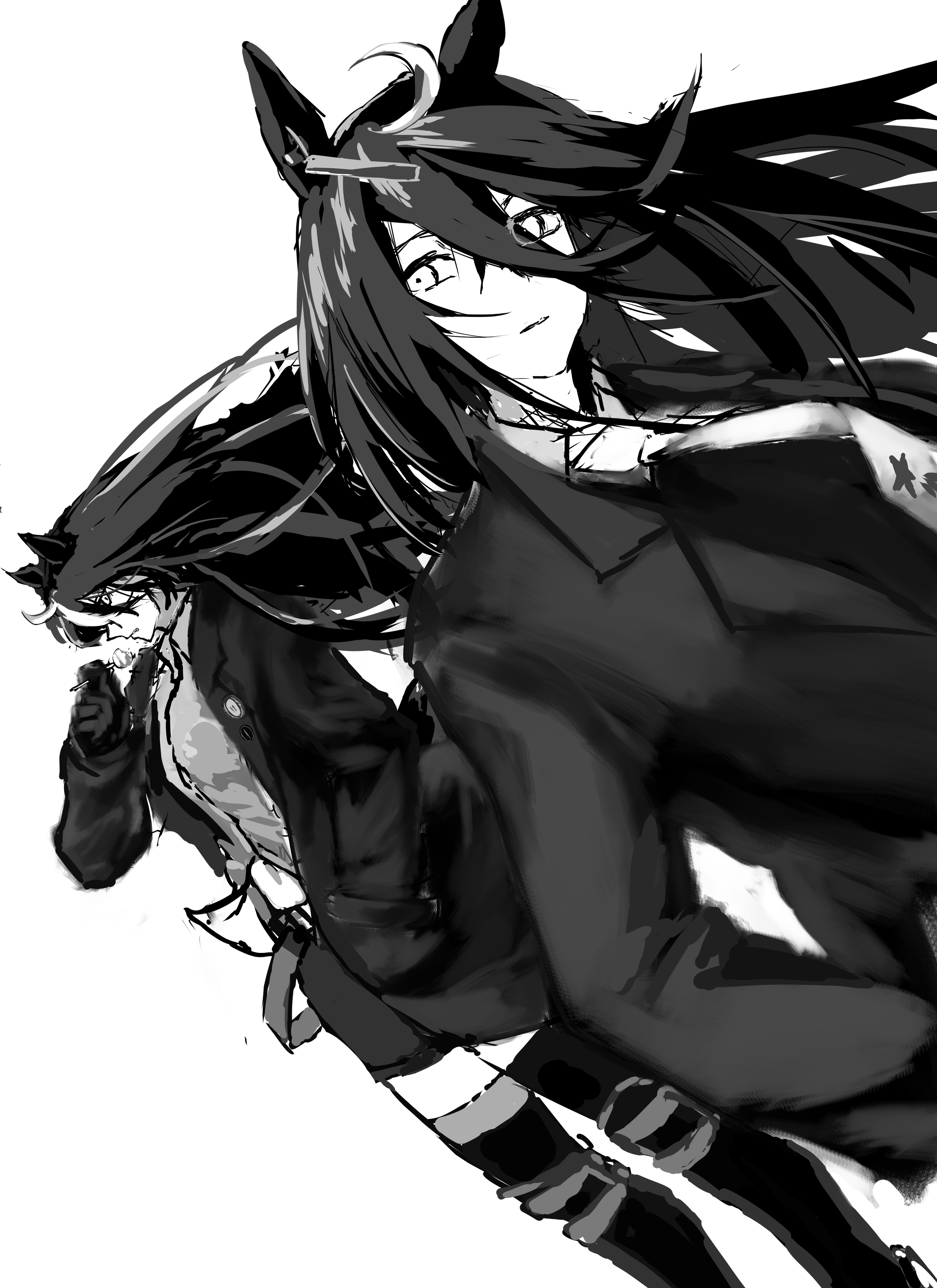 fujigaya seizo, manhattan cafe (umamusume), sunday silence (racehorse), umamusume, absurdres, highres, 2girls, boots, closed mouth, collared shirt, ear ornament, ear tag, earrings, floating hair, greyscale, hair between eyes, jewelry, long bangs, long hair, long hair between eyes, long sleeves, looking at another, monochrome, multiple girls, necktie, shirt, shorts, simple background, single earring, very long hair, weapon, white background