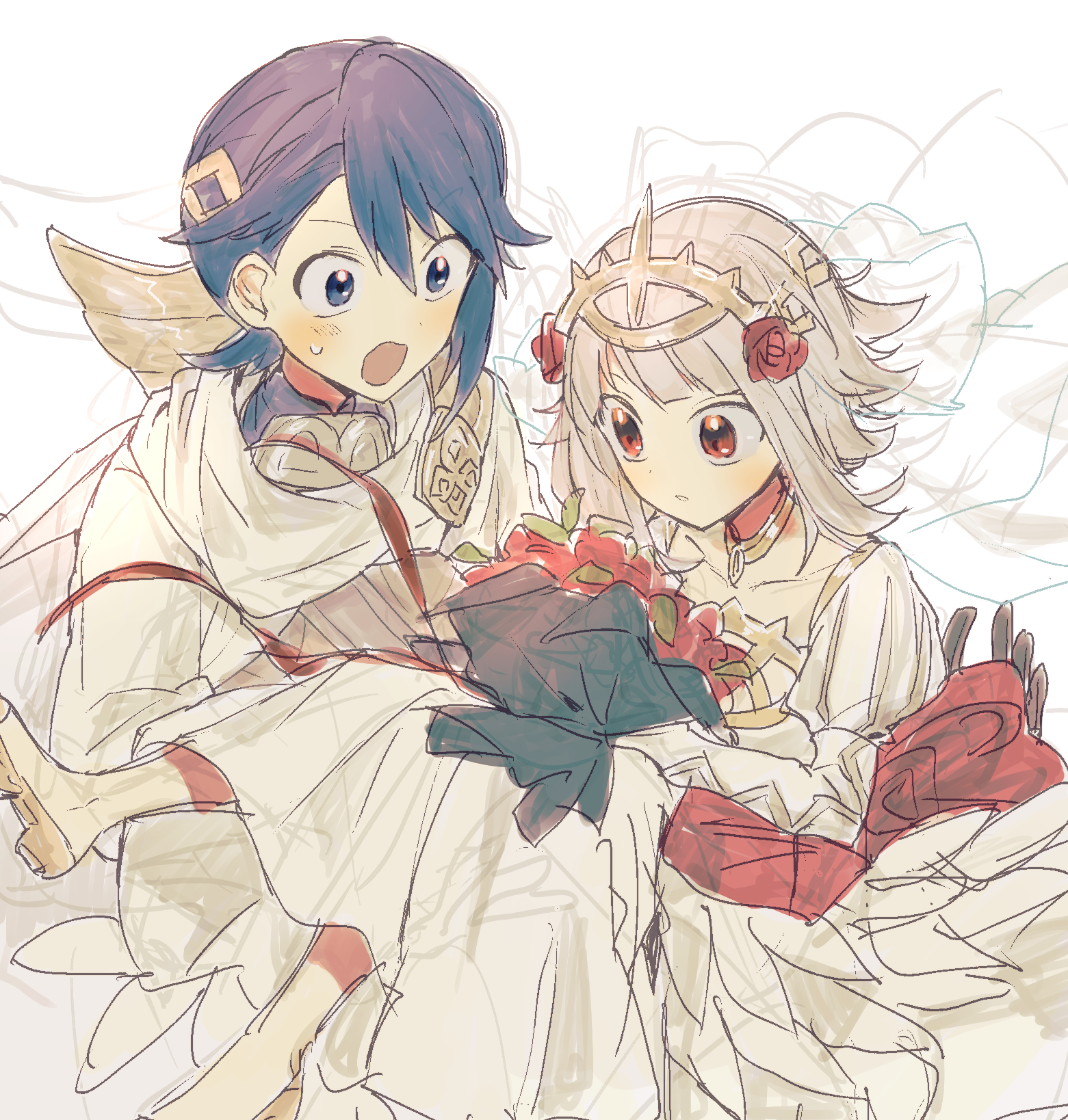 3days siesta, alfonse (fire emblem), veronica (bride) (fire emblem), veronica (fire emblem), fire emblem, fire emblem heroes, nintendo, highres, 1boy, 1girl, :o, blue eyes, blue hair, bouquet, cape, carrying, dress, flower, grey hair, juliet sleeves, long sleeves, official alternate costume, open mouth, princess carry, puffy sleeves, red eyes, short hair, simple background, sweatdrop, wedding dress, white background, white cape