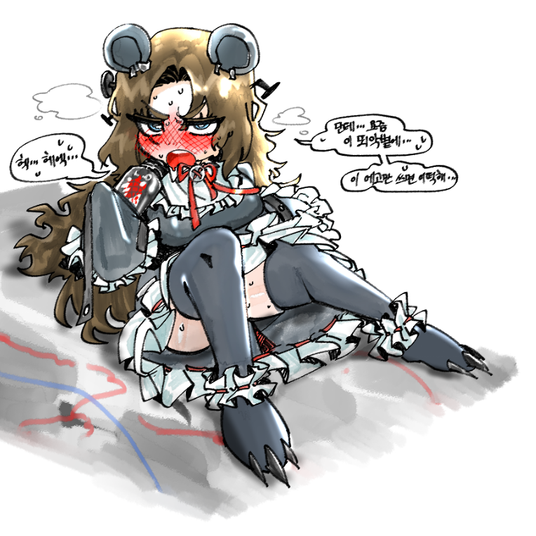 rodion (project moon), limbus company, project moon, 1girl, animal ears, bear ears, blue eyes, blush, bow, bowtie, breasts, brown hair, claws, dress, e.g.o (project moon), full-face blush, full body, grey dress, grey thighhighs, hex nail (e.g.o), large breasts, long hair, long sleeves, looking at viewer, nail (hardware), open mouth, parted bangs, red ribbon, ribbon, simple background, sitting, solo, stitches, sweat, thighhighs, udiedguy, white background