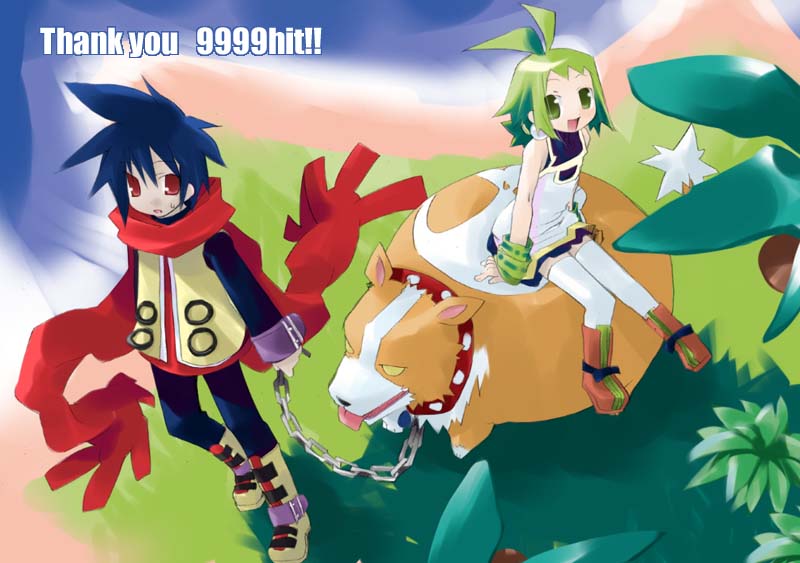 sazaki ichiri, ash (phantom brave), hell corgi (phantom brave), marona (phantom brave), phantom brave, 1boy, 1girl, green eyes, green hair, milestone celebration, red eyes, short hair, thighhighs